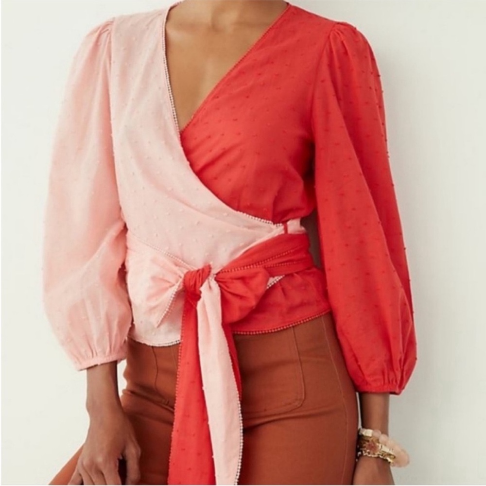 Farm Rio For Anthropologie Womens Color Block Swiss Dot Wrap Blouse Size M Top